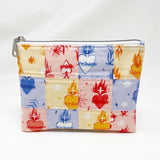 Quilted zipper pouch; Sacred Heart images with yellow, pink, and blue backgrounds; white lining; silver zipper